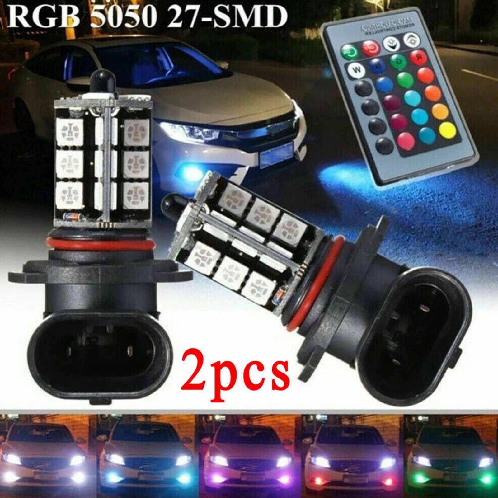 2X RGB Remote Control H8 H9 H11 5050 27SMD Color Changing Auto LED FogLight Bulb