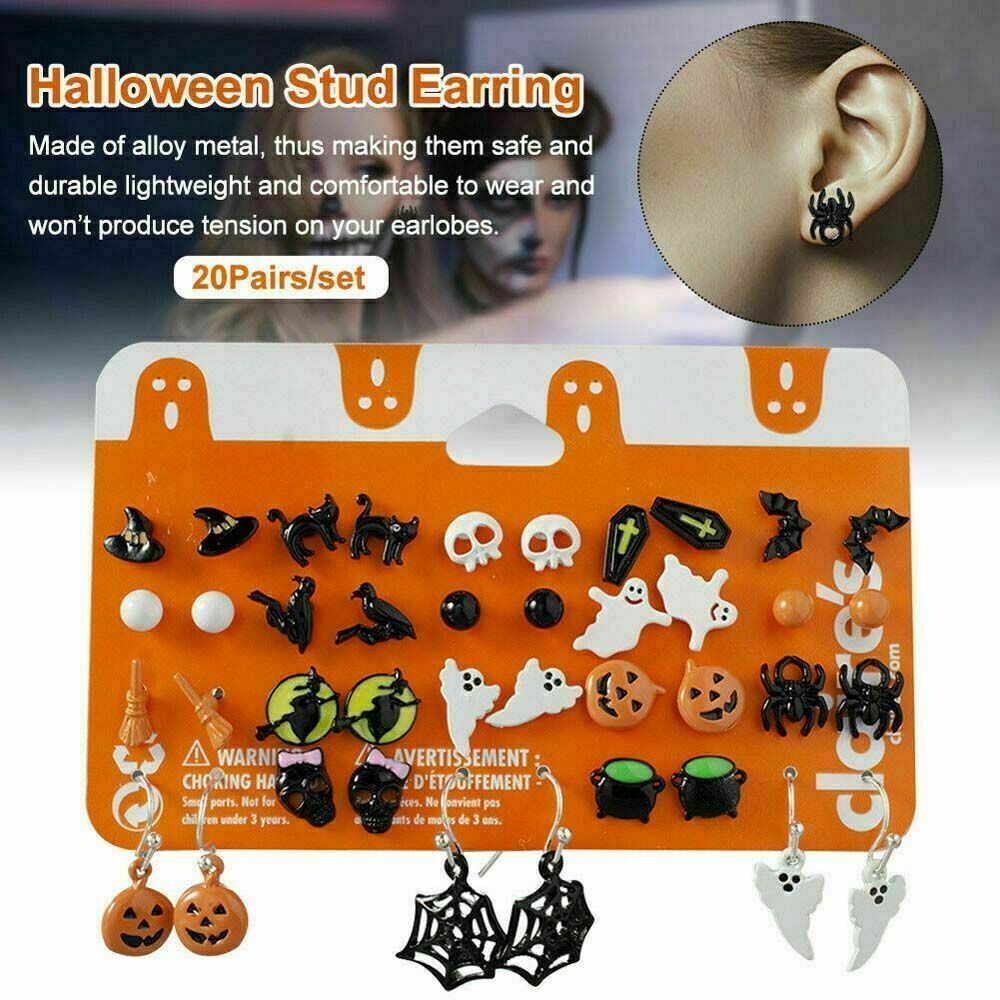 20 Pairs Women Girl Bat Pumpkin Lamp Spider Halloween Christmas Stud Earring Set