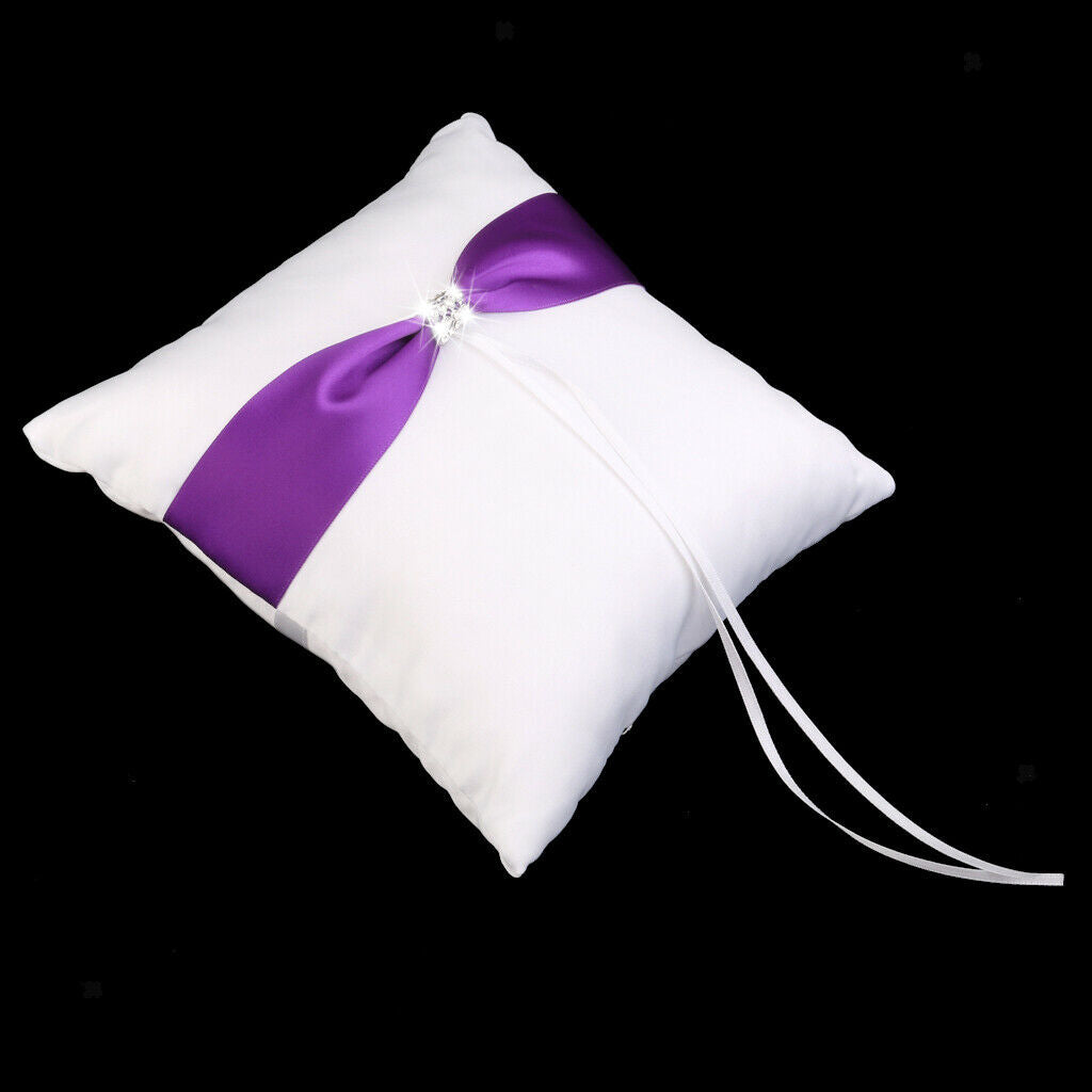 White Satin Wedding   Pillow Bearer Purple Bowknot Diamante Decor-20cm