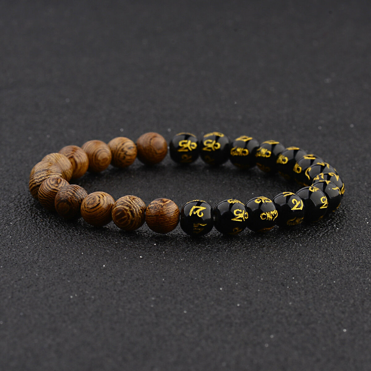 8mm Tibetan Black Agate & Wooden Bead Carve Mantra Om Mani Hum Amulet Bracelets