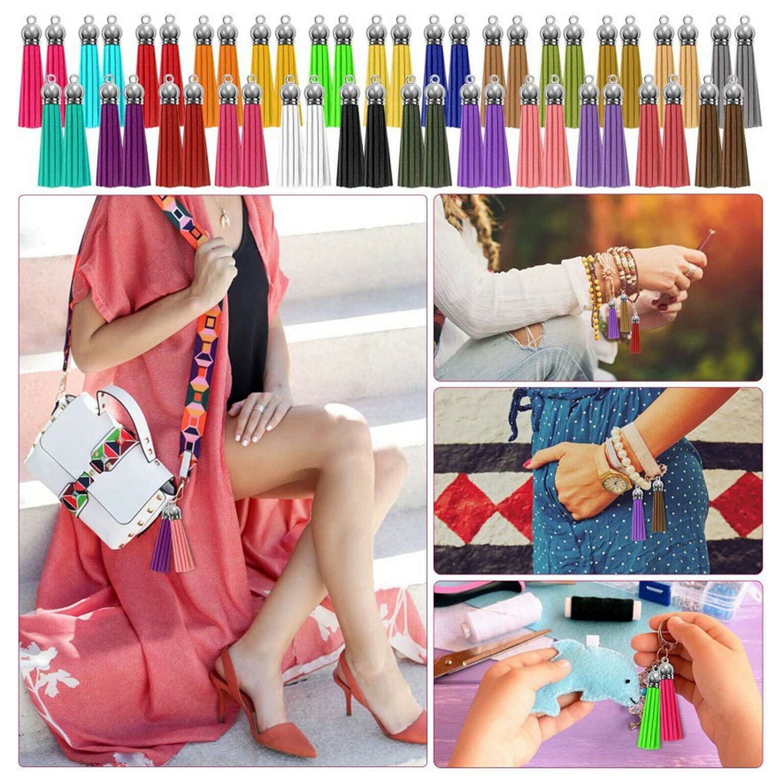 50 Pieces Colored Leather Keychain Tassels Pendants DIY Fringe DIY Craft