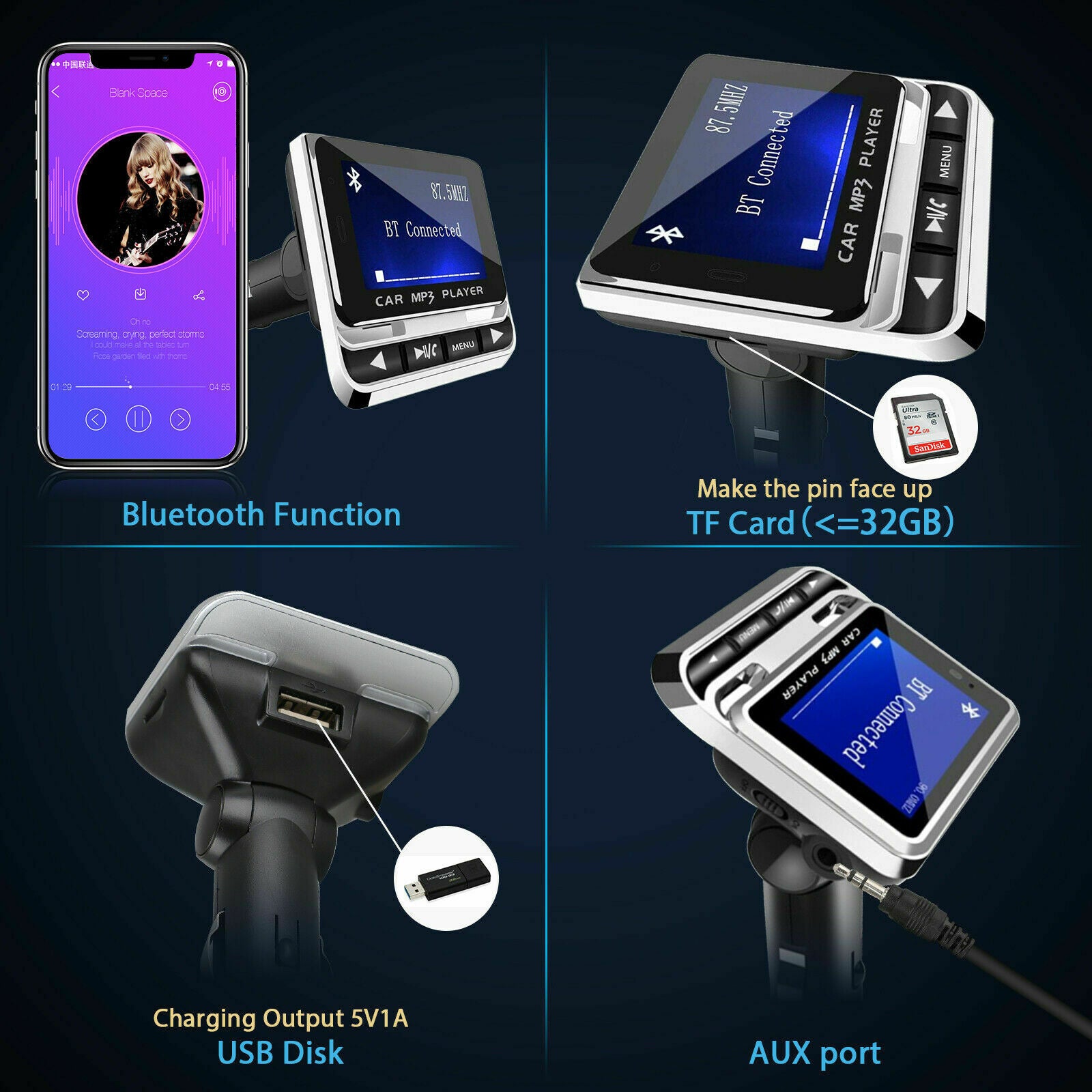 Bluetooth Wireless Car FM Transmitter Aux USB Charger Hands-Free Call 1.4 inch