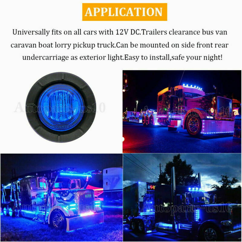 10x Round Blue Side Marker Lights For Truck Trailer LED Clearance Bullet Light