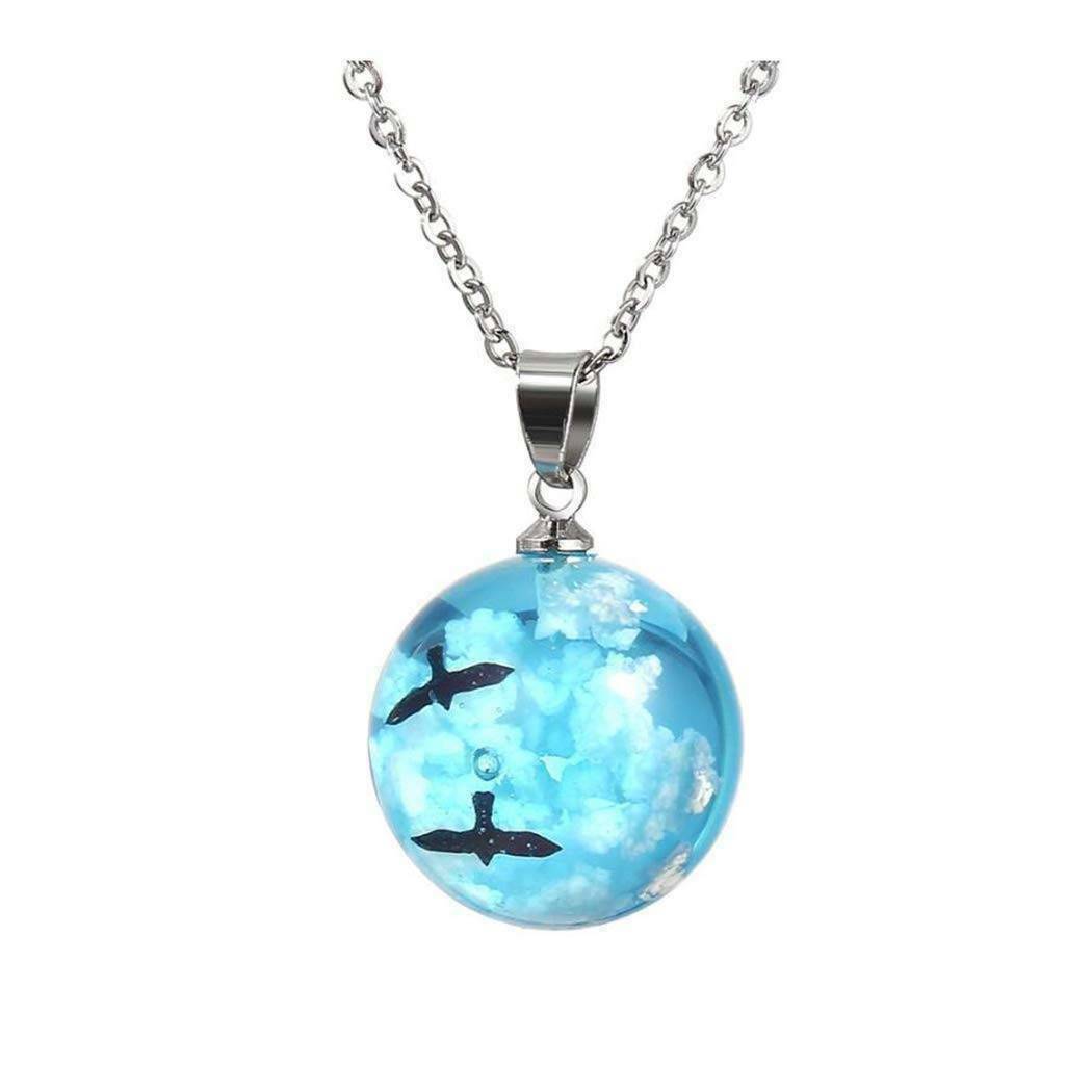 White Clouds Blue Sky Birds Glass Ball Pendant Necklace Terrarium Fashion Gifts.
