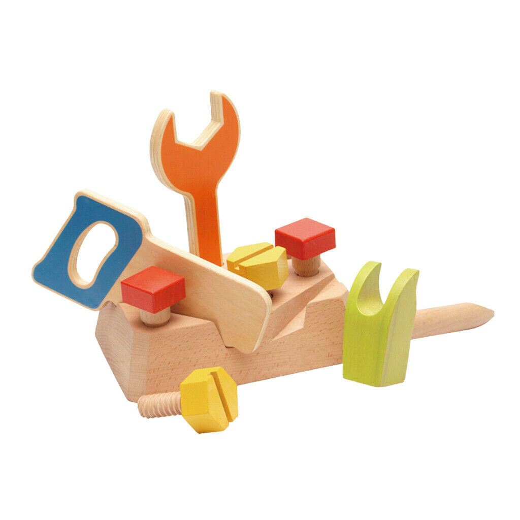 Wooden Construction Working Tools Play Set with a Wooden Base, Preschool Toys