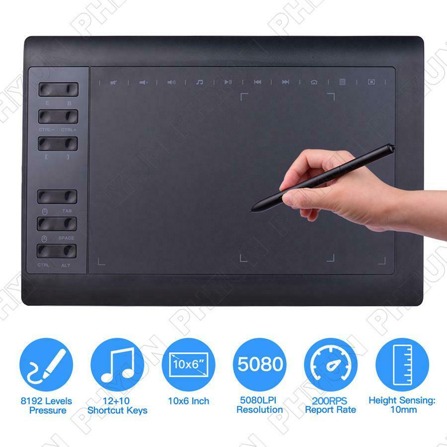 10*6 inch Graphics Tablet 8192 Levels Graphic Drawing Tablet 233 Point w/ Pen