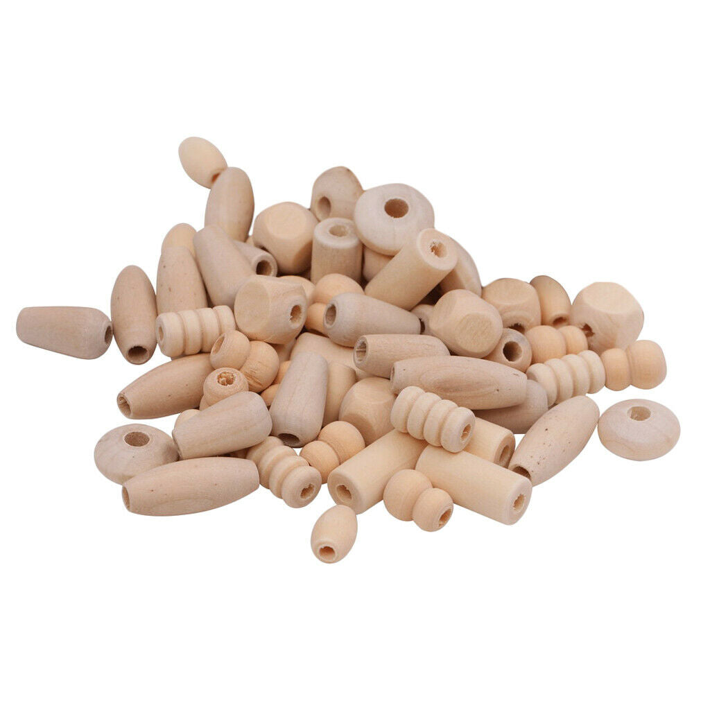120pc Assorted Shapes Wooden Beads Plain Natural Wood Handmade Jewelry Craft