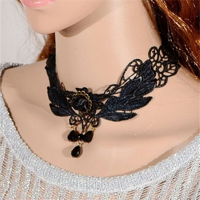 Women's Black Rose Teardrop Bead Pendant Lace Choker Lolita Collar Neckla.l8