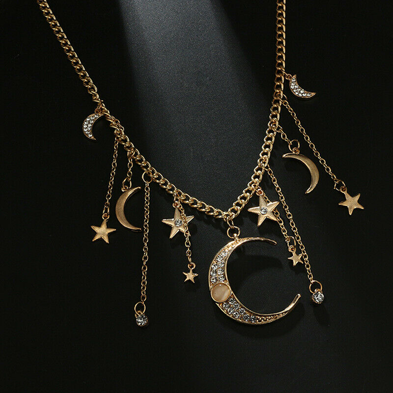 Fashion Star Moon Pendant Tassel Necklace Shiny Crystal Choker Women Jewe.l8