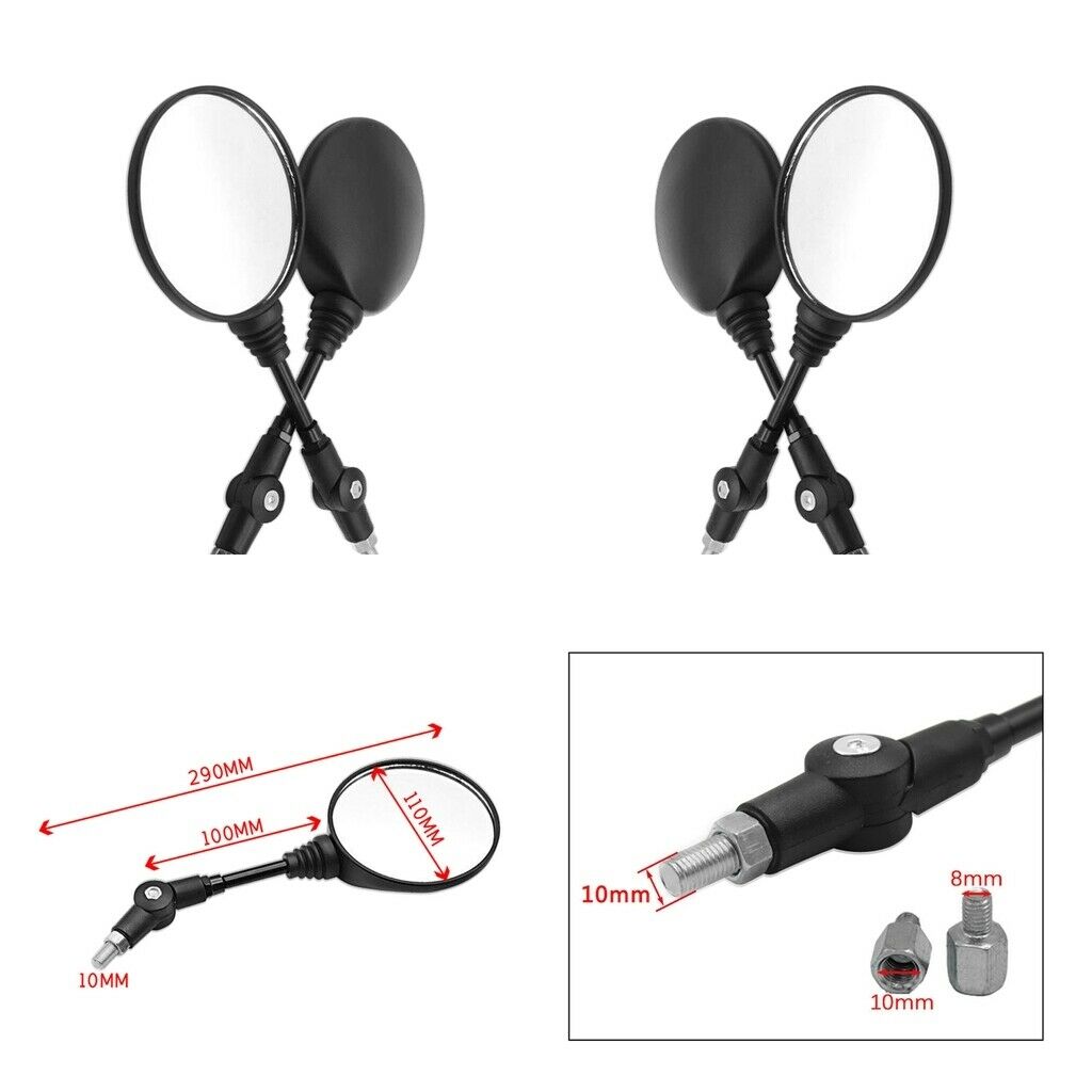 2 Pair Black Rero Foldable Motorcycle Mirror 10/8mm Thread 180°Adjustable