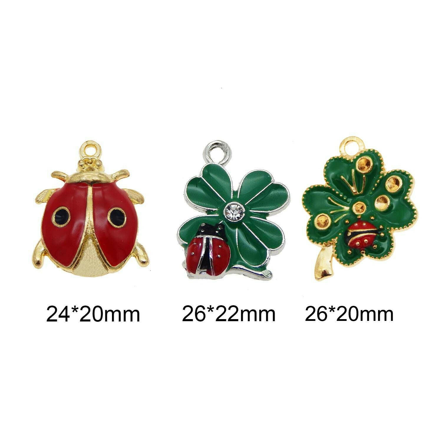 12 pcs Colorful Enamel Alloy Ladybug and Clover Leaf Charm Necklace Pendant