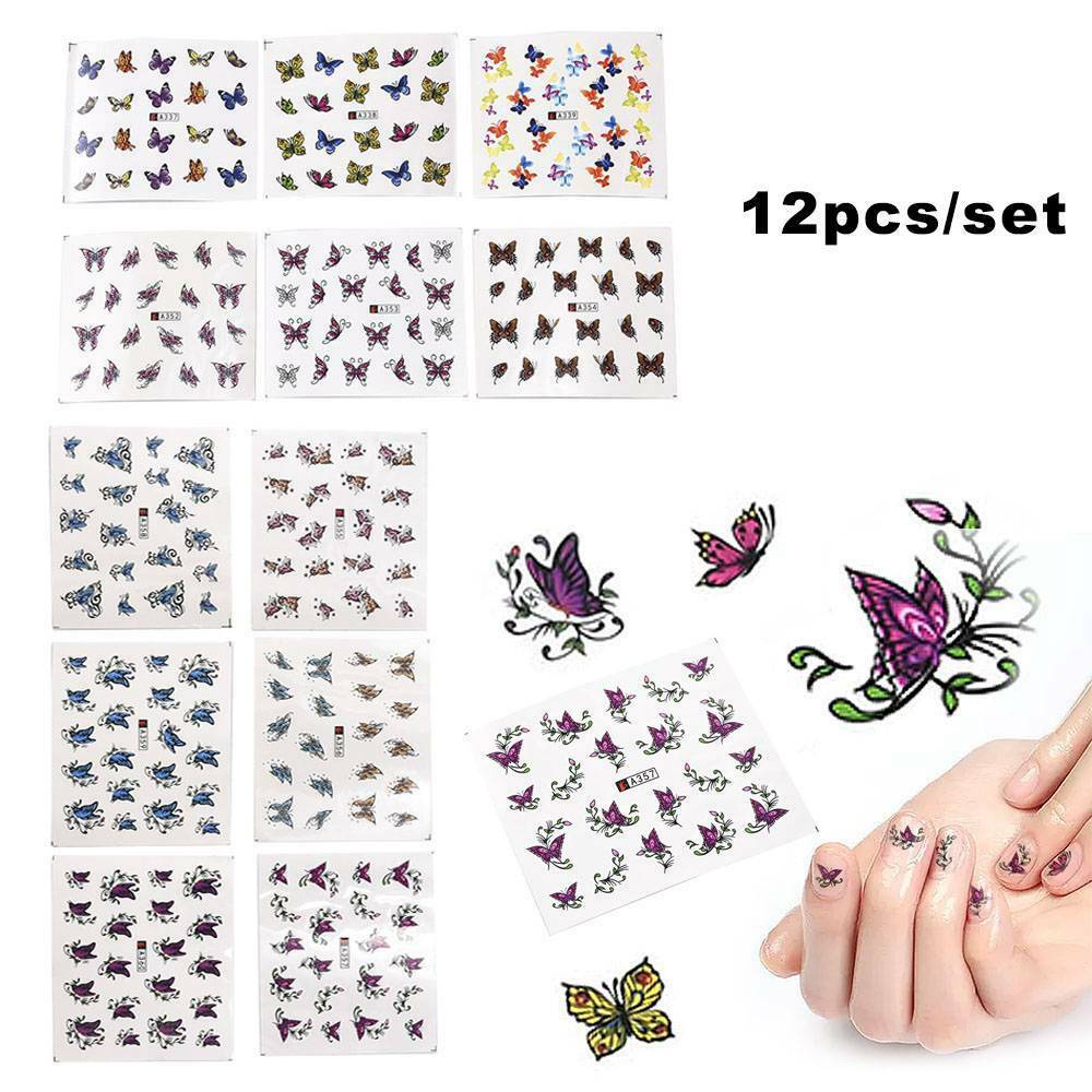 12 Sheets Flower Butterfly Nail Art Water Transfer Decals Colorful Stickers Tips