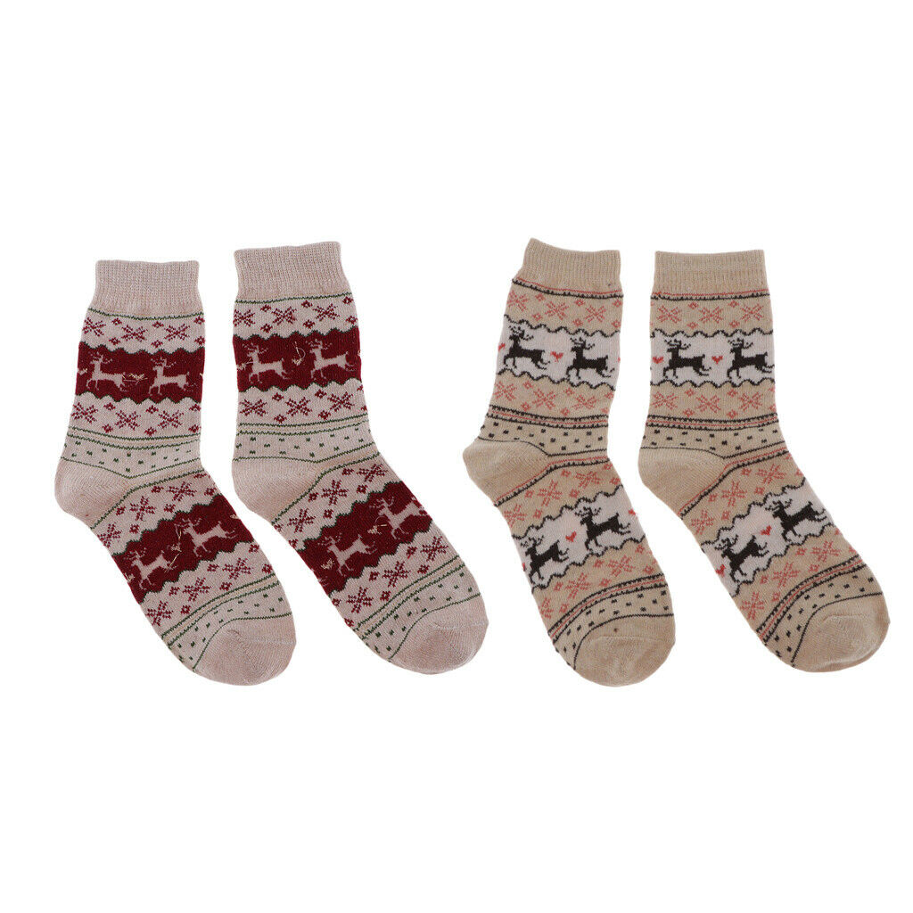 2 Pairs Wool Blend Elk Crew Socks Winter Xmas Holiday Home Floor Ankle Socks