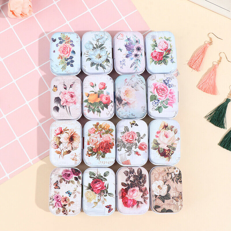 Mini Flower Tin Trinket Jewelry Coin Box Tinplate Storage Case Rectangul Sug Qx