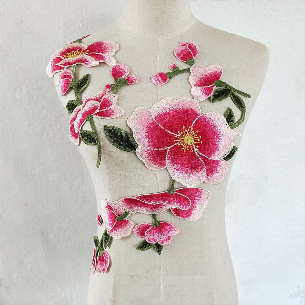 2X Embroidered Patches Peach Blossom Sew on Collar Applique Clothing Badge Decor
