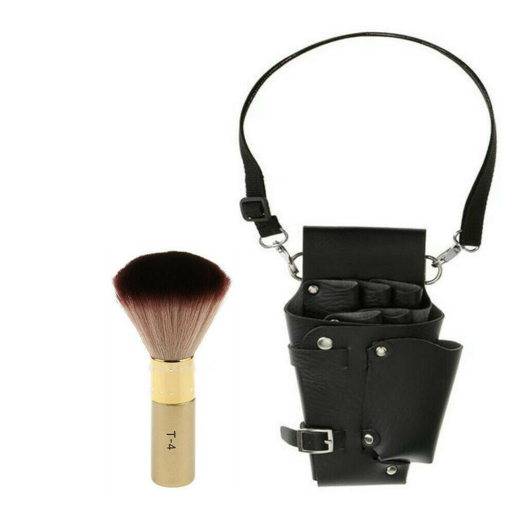 Leather Hairdressing Scissors Combs Bag Barber Holster + Neck Duster Brush