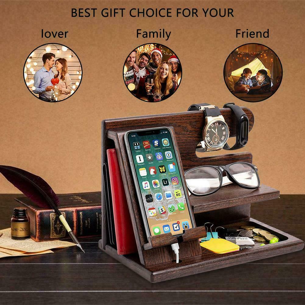 Wood Phone Docking Station Key Holder Wallet Stand Organizer 7T6T J5G Watch W3D8