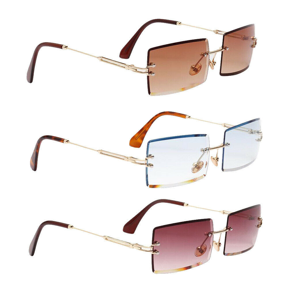 3 Pairs Rimless Sunglasses Designer Tinted Lens Metal Frame Eyewear Anti-UV