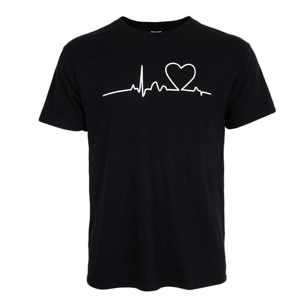Men's Summer Casual Beating Heart Print O Neck Short Sleeve T-Shirt  S Black