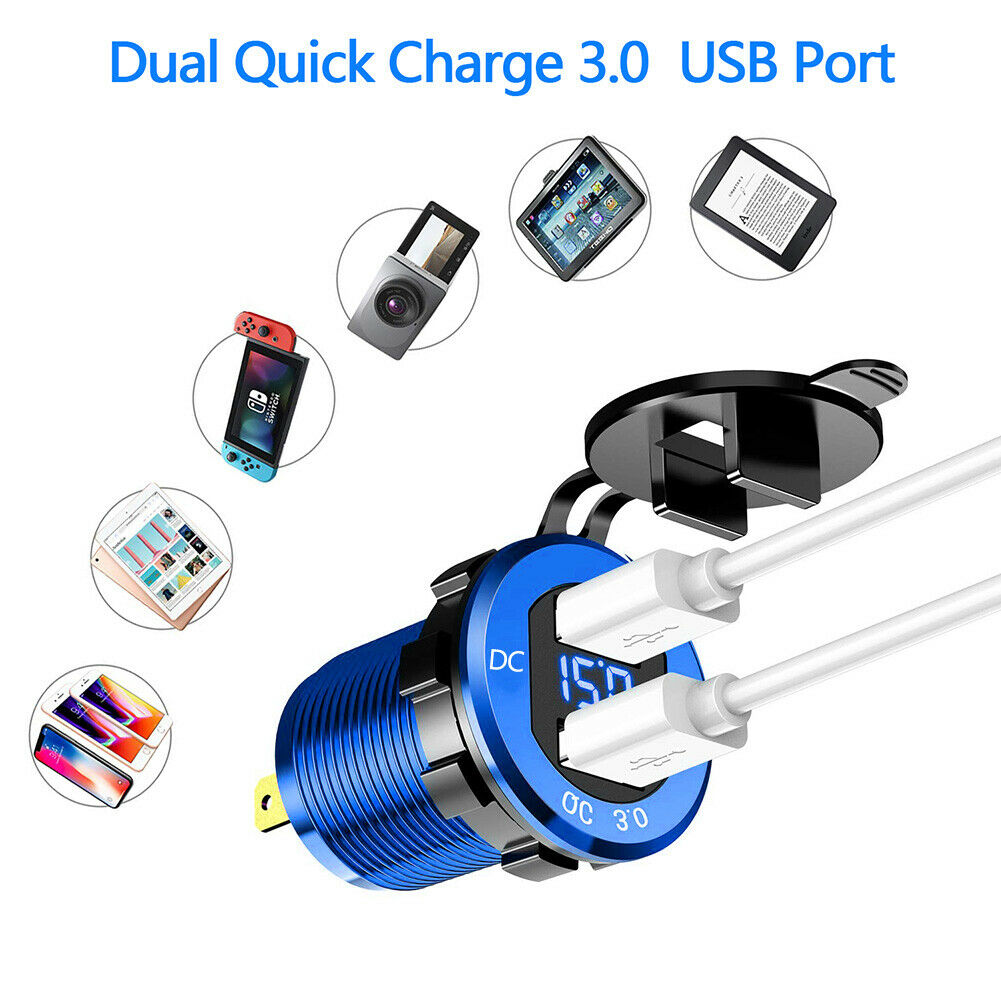 QC3.0 Aluminum Dual CAB Car Lighter Socket Charger Digital Voltmete