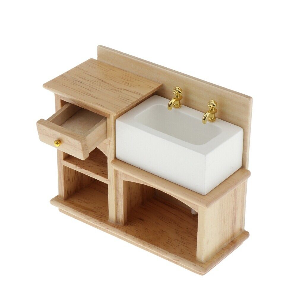 1:12 Handmade Wooden Hand Basin Sink Cabinet for Bathroom Kitchen Accessory