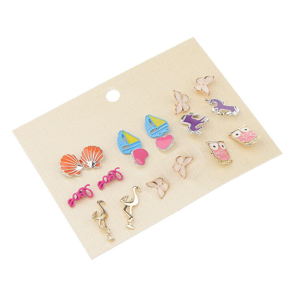 9 Pairs Cute Girl Animal Flamingo Veil Owl Butterfly Ear Set