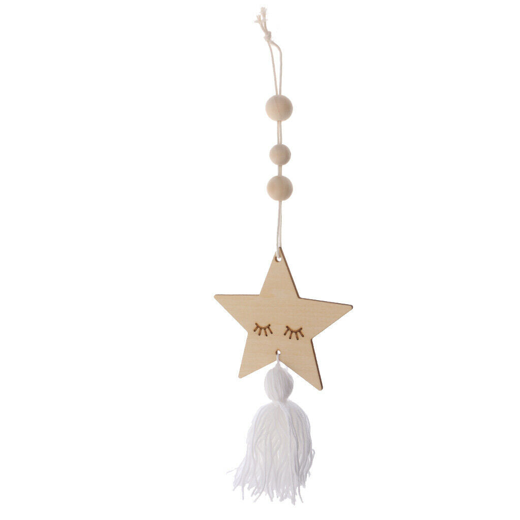 Nordic Wooden Beads Tassel Pendant Girls Wall Hanging Ornament Star White