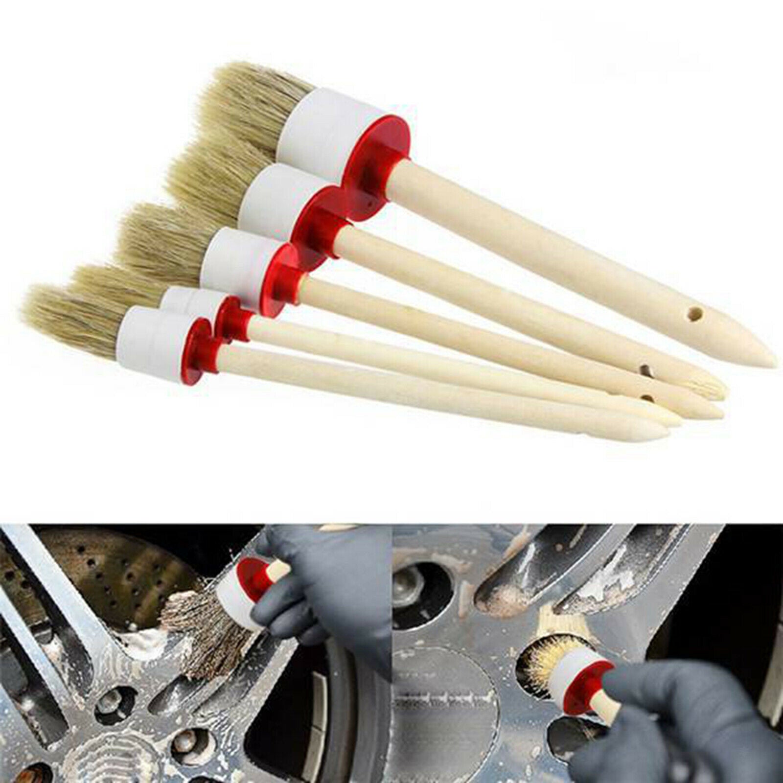 Pack of 5 Hangable Automobile Car Detailing Brush Kit Duster Wooden Handle