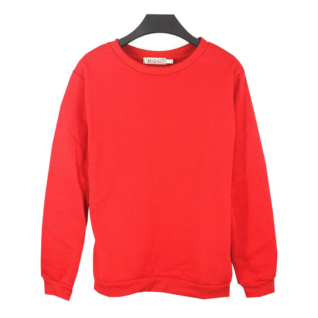 Red Solid Round Neck Long Sleeve Fleece Sweatshirts Unisex Loose Top 4XL
