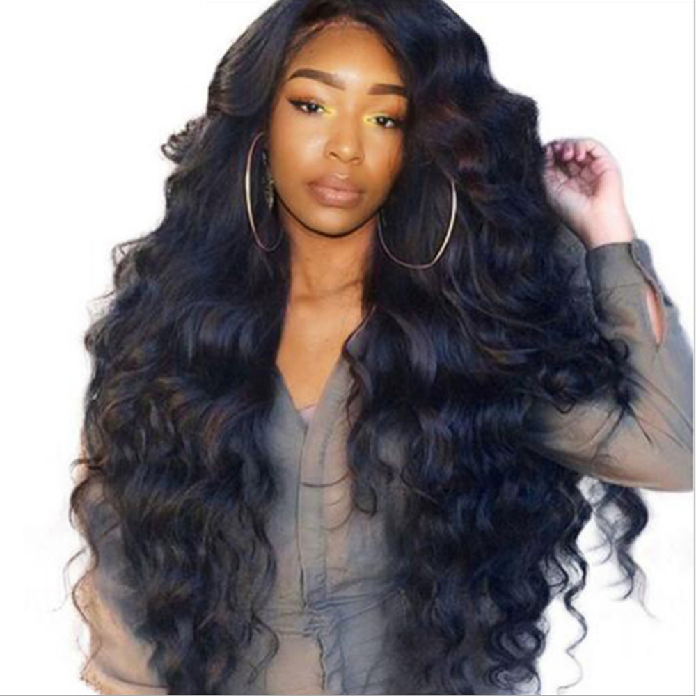 Womens Black Full Wig Brazilian Remy Hair Body Wave Silk Synthetic Hair Wigs USA