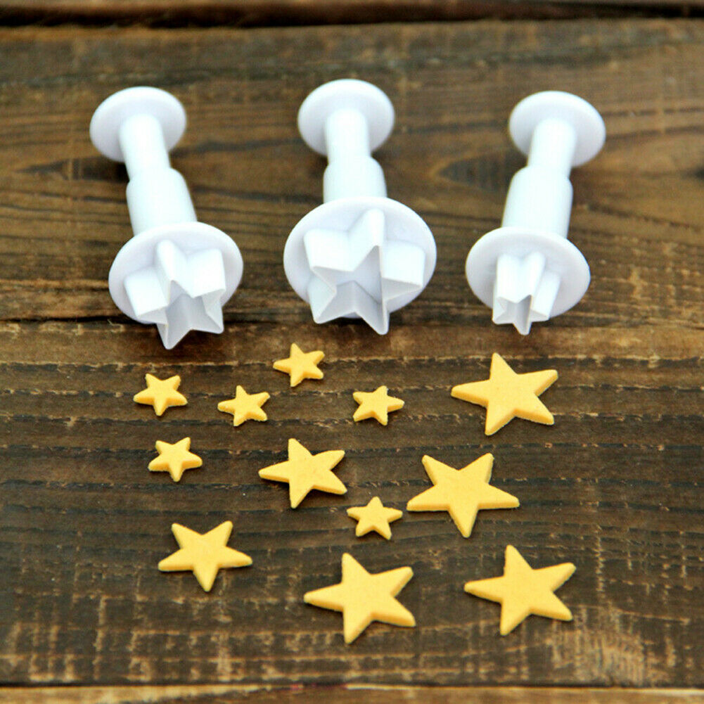 3pcs Silicone Star Plunger Fondant Mold Biscuit Cookies Cutter Cake Decor @