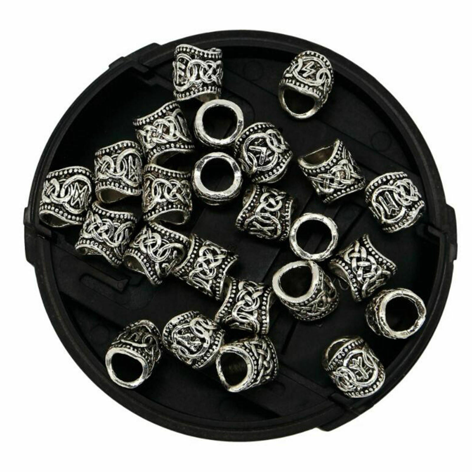 Hair Beads 24 Pcs Viking Rune Beads Sliver  Rings 0.51"  Rings