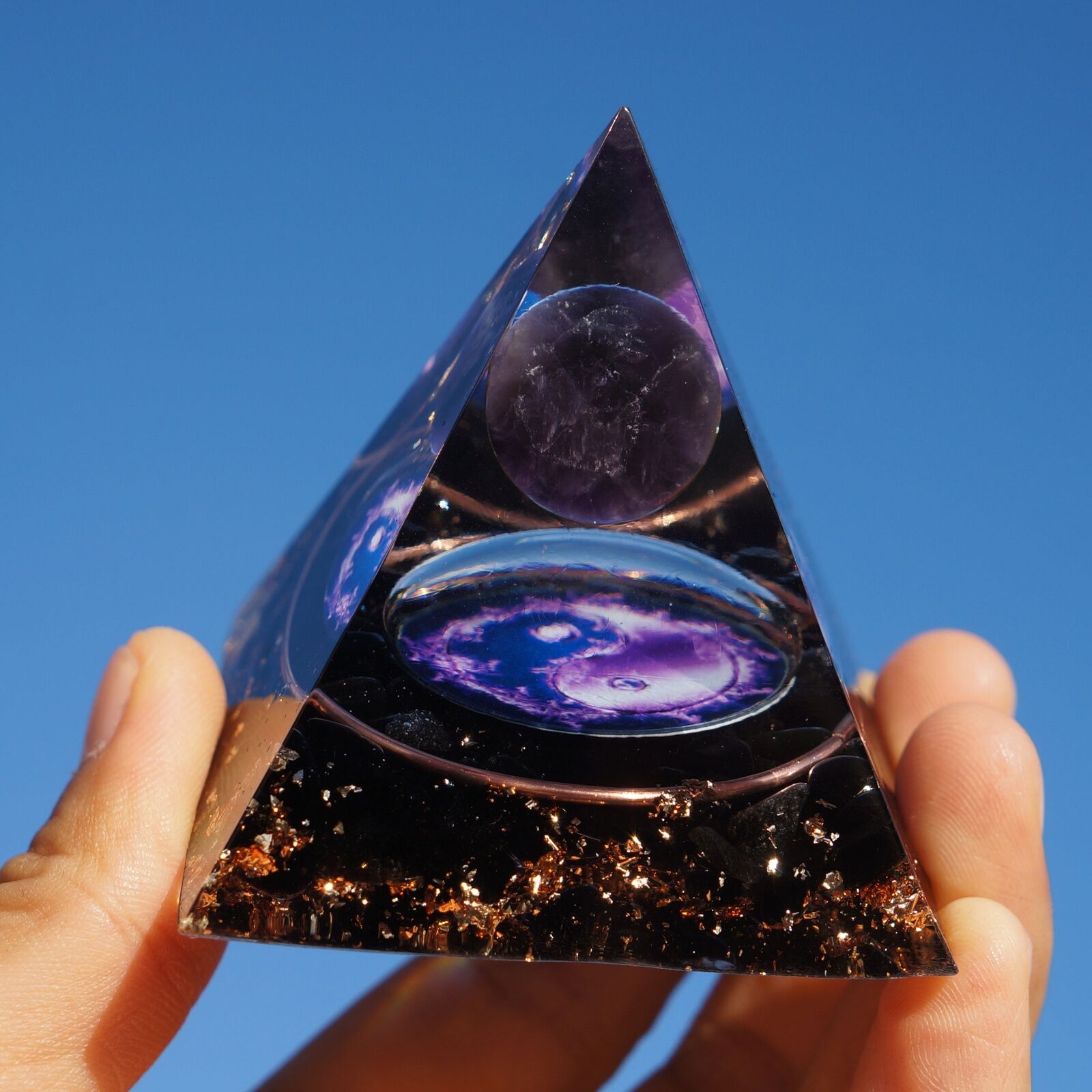 Amethyst Crystal Sphere Orgonite Pyramid with Obsidian Chakra Energy Orgone-US