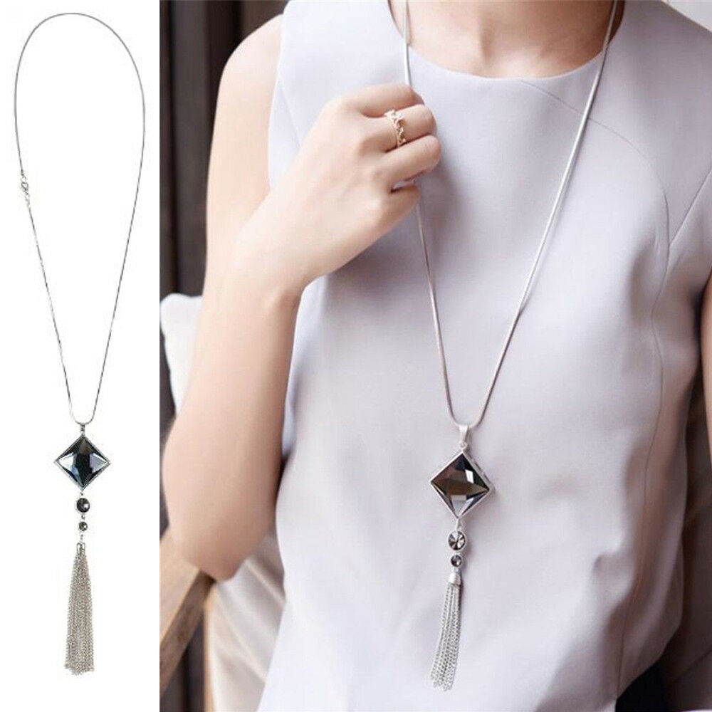 New Pendant Necklace Square Big Drop Crystal Long Chain Sweater Tassel For Women
