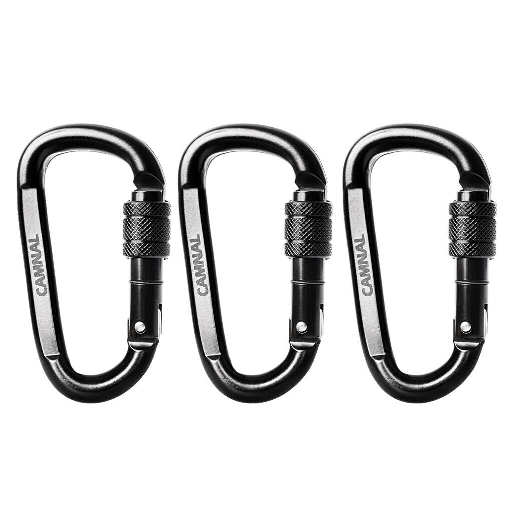 3 Pack Outdoor Carbon Steel D Shape Screw Locking Climbing Carabiners 30KN