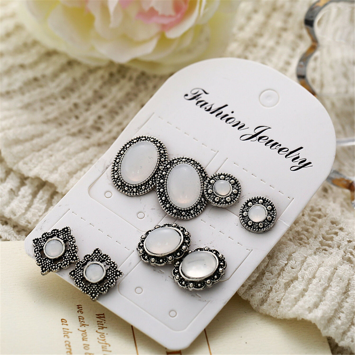 4 Pair/Set White Cobblestone Crystal Hollow Flower Stud Earrings For Women Girl