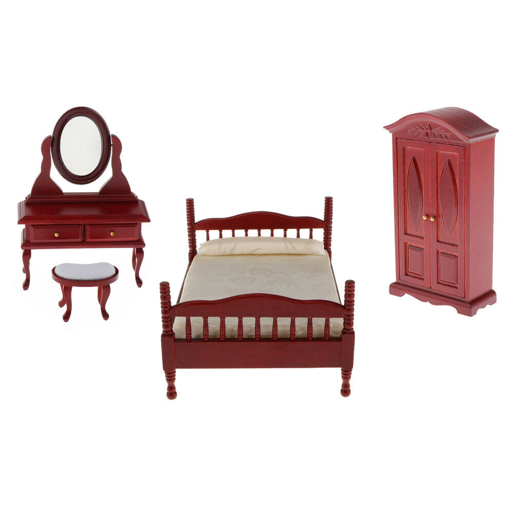 Pack of 3 1:12 Scale Miniatures Bedroom Furniture Double Bed Dresser Closet