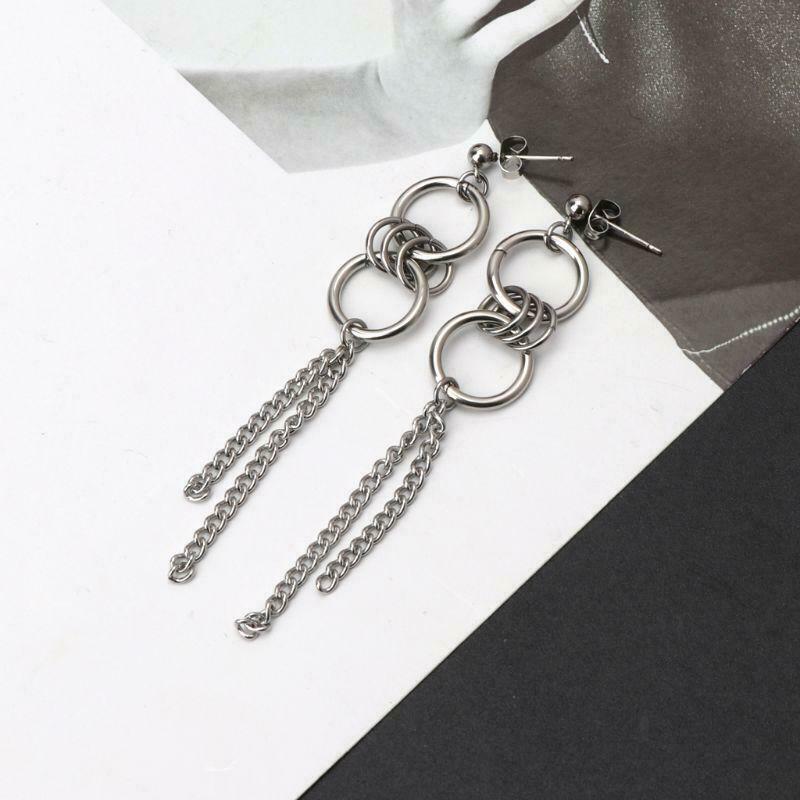 Korean Long Tassel Stainless Steel Cricle Drop Earrings Fashion Jewelry Unisex