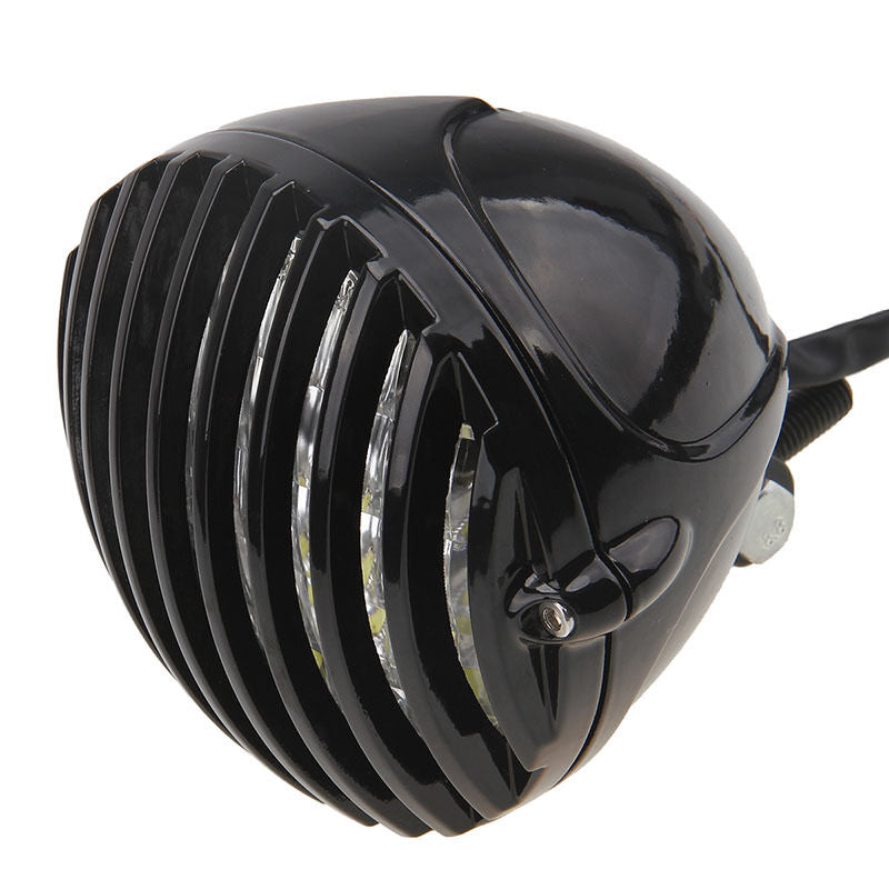 Motorcycle Finned Grill LED Headlight For Suzuki Chopper Bobber Cafe Racer Black