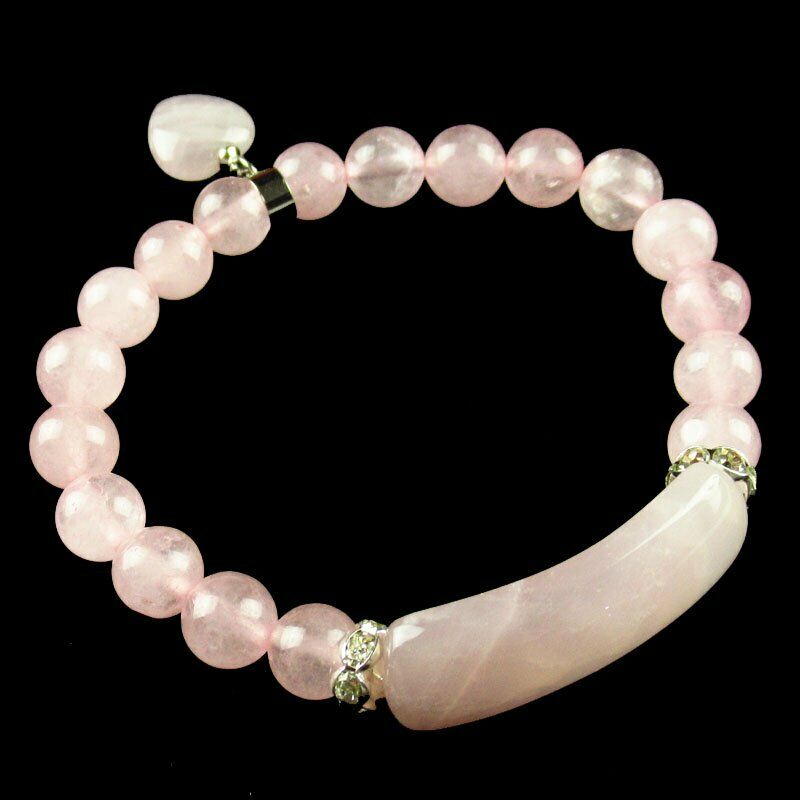 Natural Rose Quartz Ball Oblong Heart Rhinestone Stretchy Bracelet 7.5 " 62SL