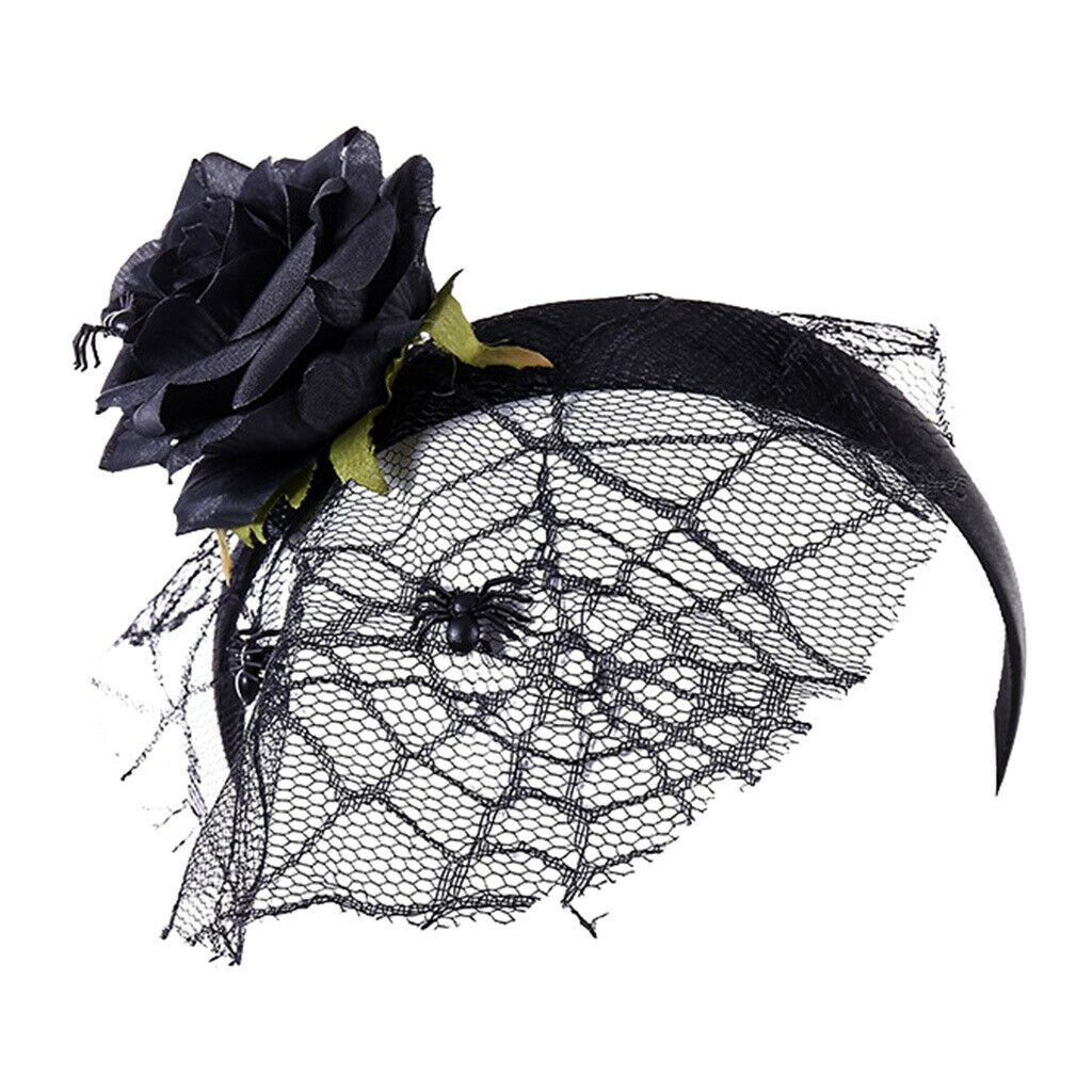 Black Flower Headband Veil Spider Headpiece Hair Band Masquerade Fancy Dress