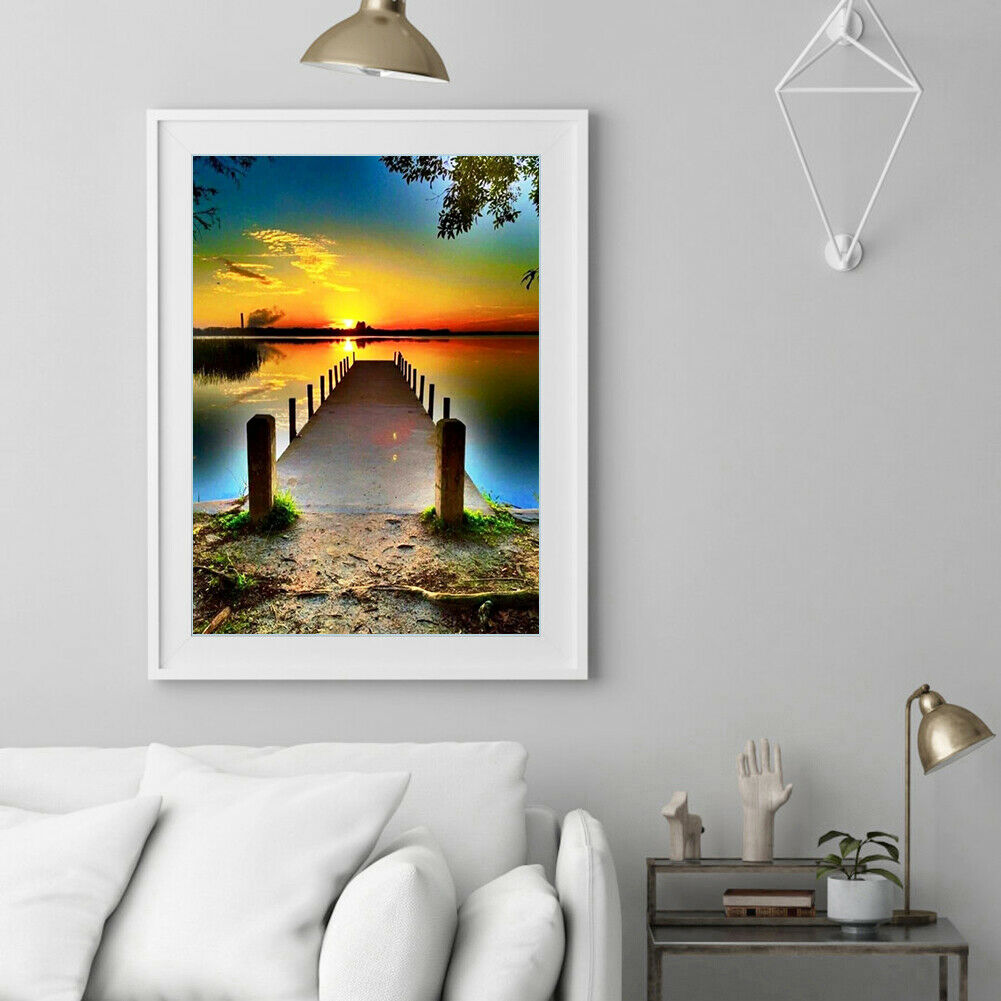 Sunset Bridge 5D Full Drill Round Diamond Painting Cross Stitch Mosaic Art @