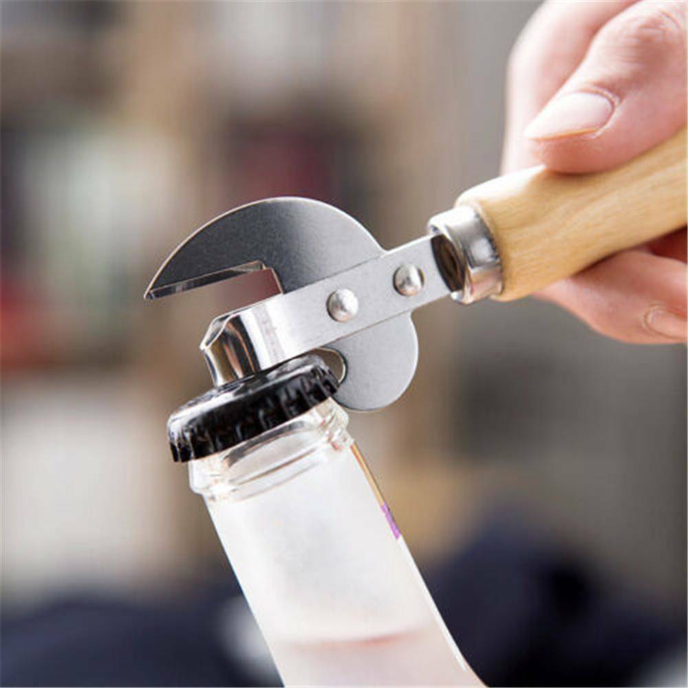 Wooden Handle Stainless Steel Manual Can Tin Beer Bottle Opener Multifunctional
