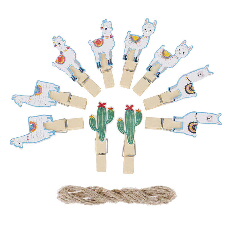 10pcs Cactus Alpaca Llamas Wooden Clips with Rope Photo Clips Hawaiian Decor JDD