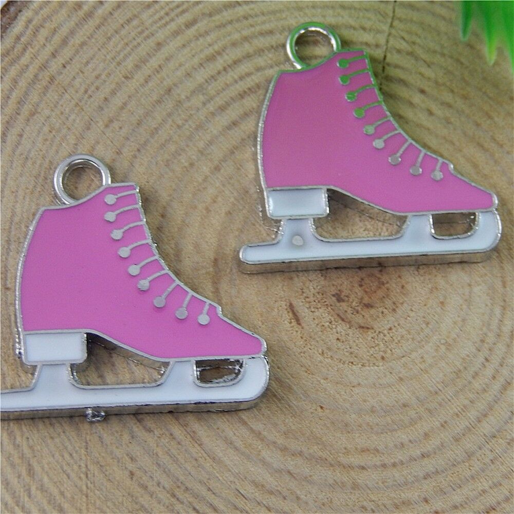 Lot of (x8) Rose Red Enamel Metal Ice Skates Craft Pendants Charms 25x24x1mm
