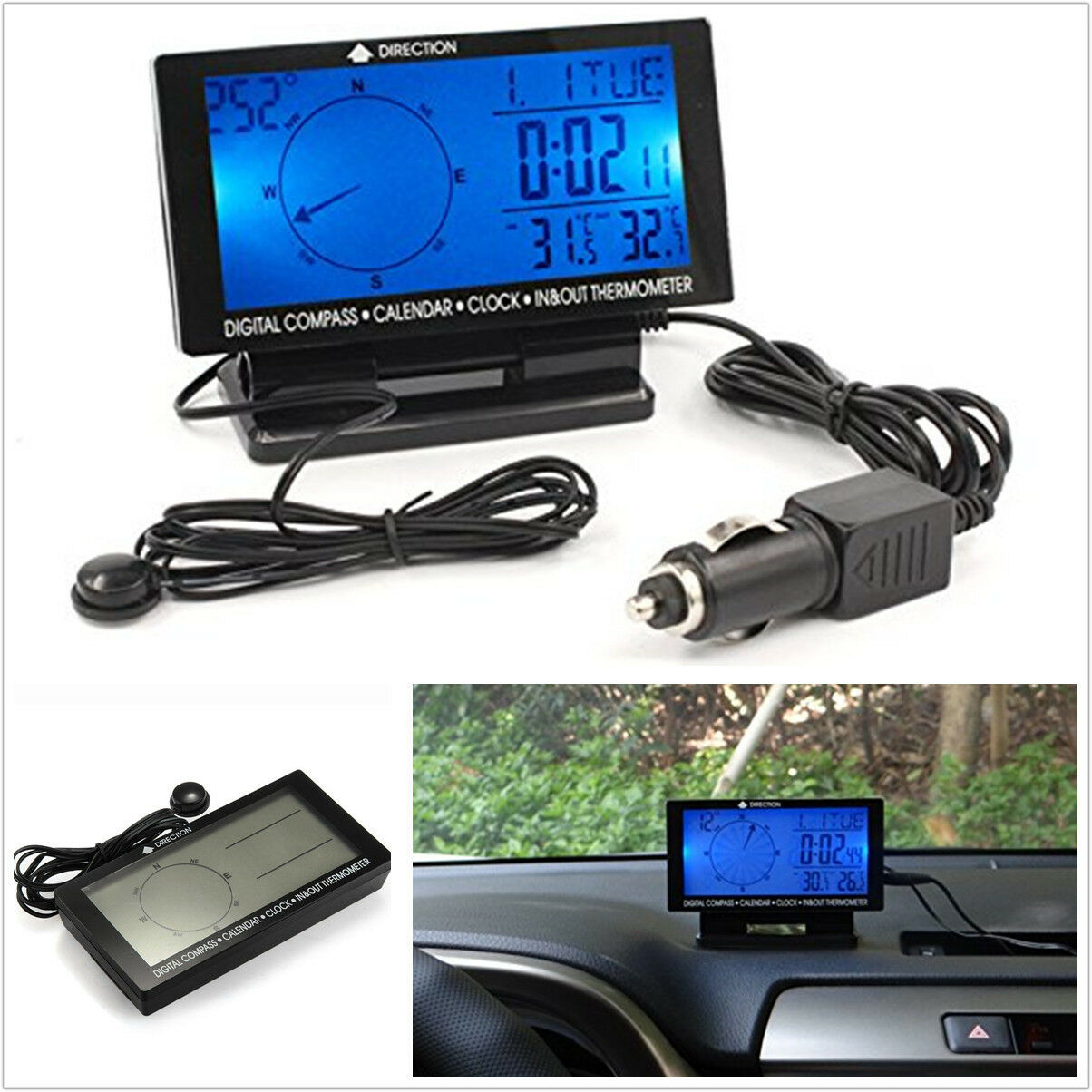 4.6" LCD Screen Digital Compass with Calendar Clock In/Out Thermometer Blue LED