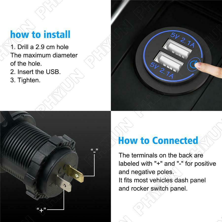 4.2A Car Motorcycle Dual USB Fast Charger w/ Wire & Terminal Touch Switch 12-24V