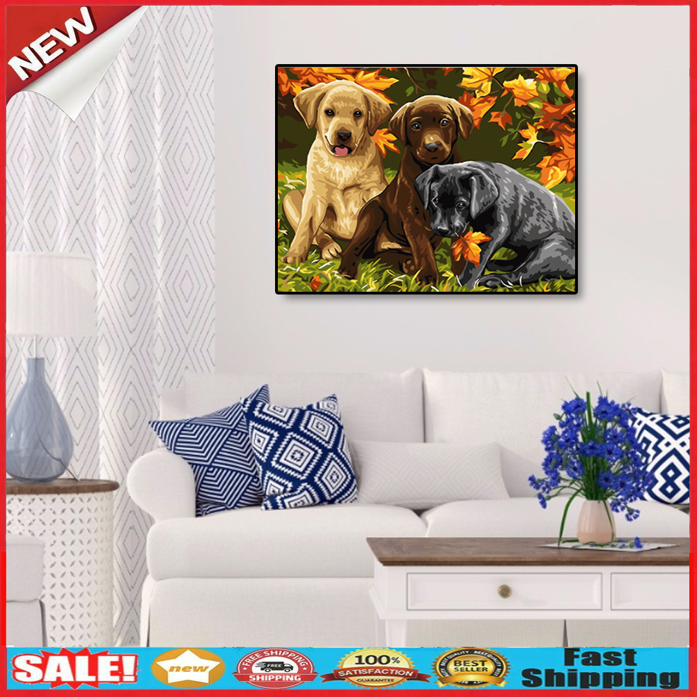 Leaves Dogs DIY Oil Painting By Numbers Kit Canvas Hand Painted Wall Art @
