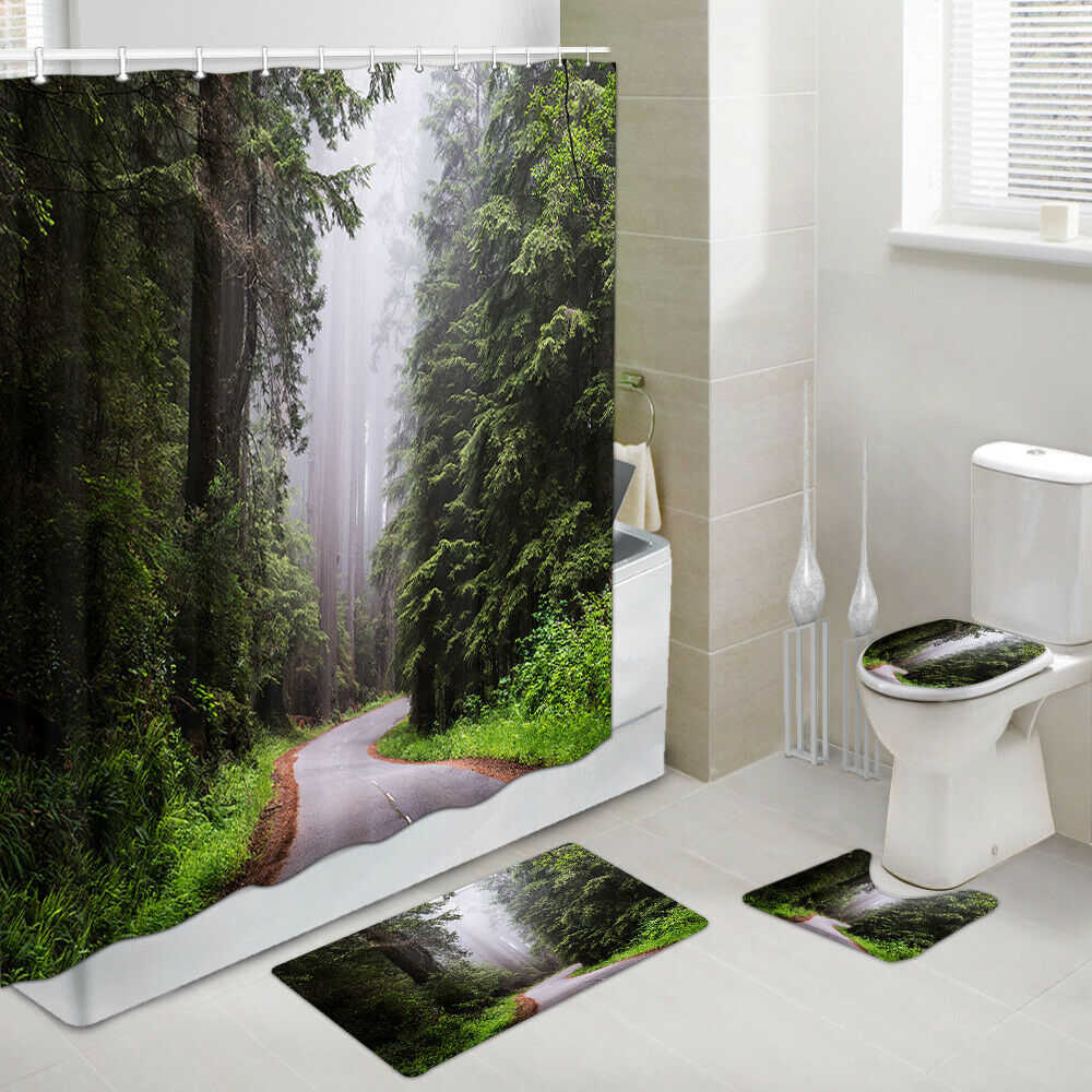 Misty Forest Road Shower Curtain Set Bath Rug Toilet Lid Seat Cover 4PCS-Set
