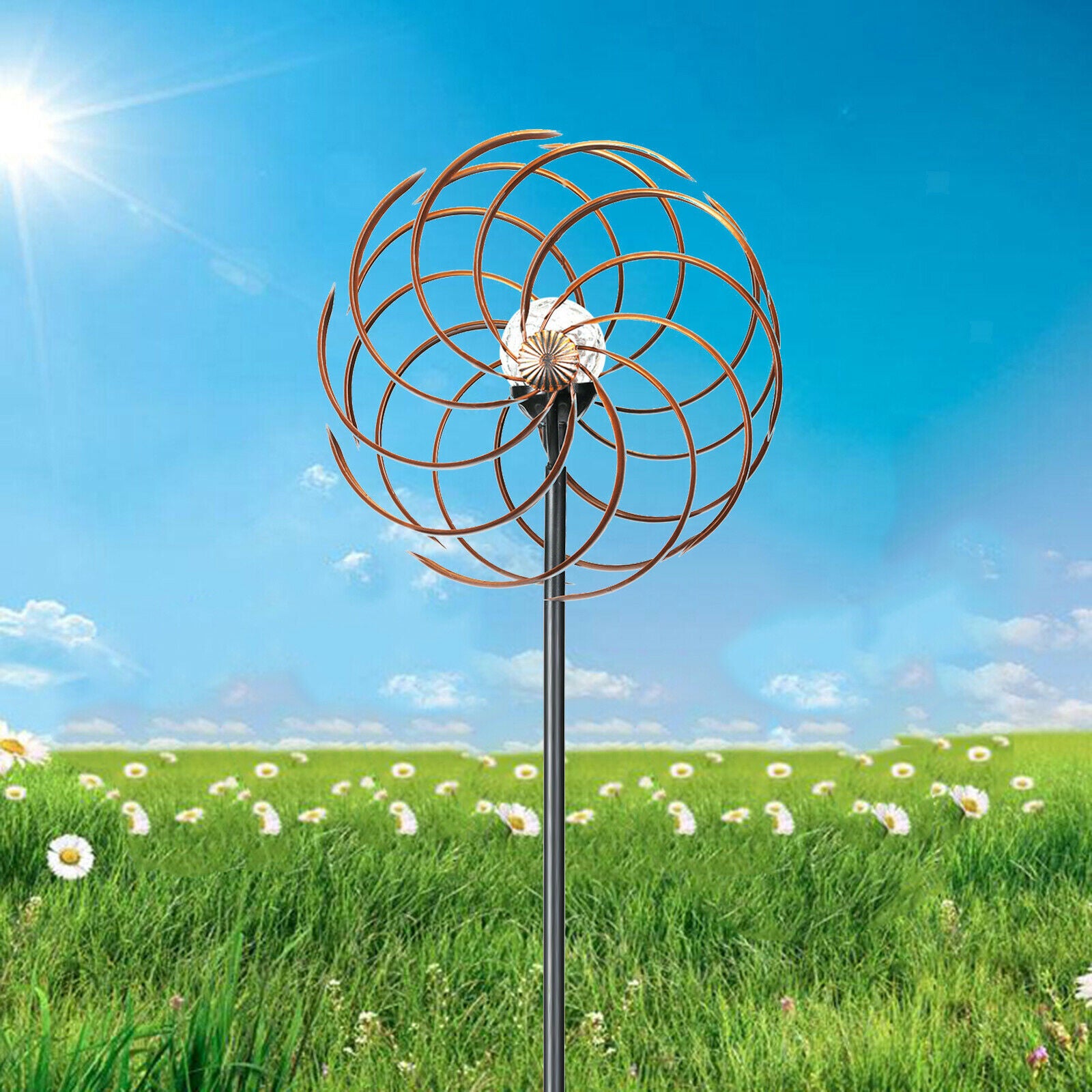 Cast Iron Solar Powered Windmills Wind Spinner Led Lights Walkway Decor Art